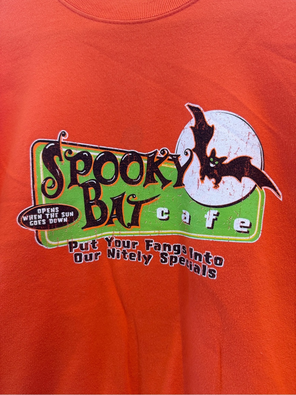 Vintage Oversized Halloween Orange 'Spooky Bat Cafe' Graphic Crewneck Sweater